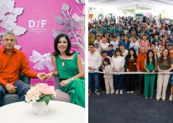 Alcalde José Luis Urióstegui Salgado convive con niñas y niños en el stand del DIF Cuernavaca.