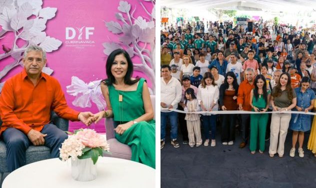 Alcalde José Luis Urióstegui Salgado convive con niñas y niños en el stand del DIF Cuernavaca.